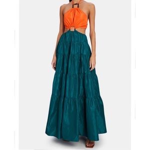 STAUD Two-Tone Gown with cutouts and Tortoise shell detail